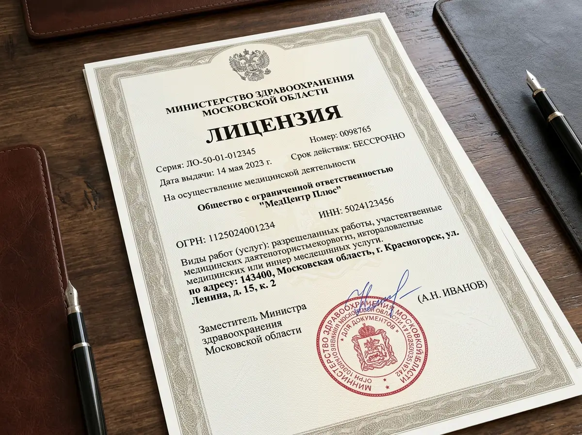 Лицензия на осуществление медицинской деятельности, выданная Министерством здравоохранения Московской области, официальный документ с печатью и подписью