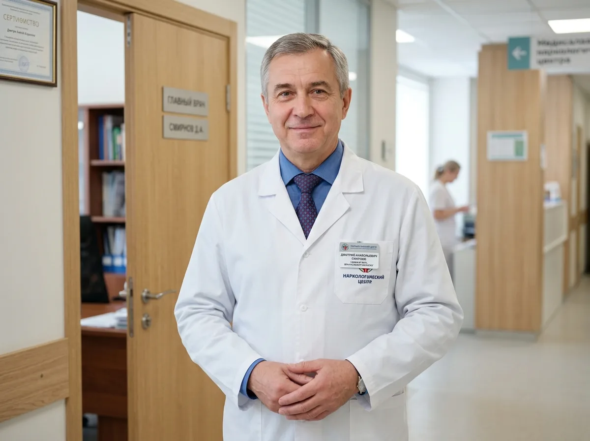 Смирнов Дмитрий Анатольевич, главный врач наркологического центра, психиатр-нарколог, портрет в белом халате, профессиональная съёмка